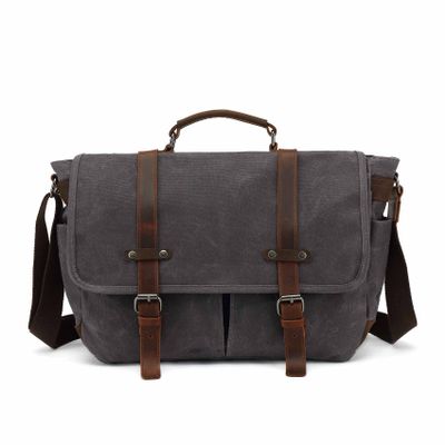 Baolab Waterproof Canvas Camera Bag with Shockproof Padded for DSLR SLR Camera Case Vintage Leather Shoulder Bag Work,Trave (Grey)