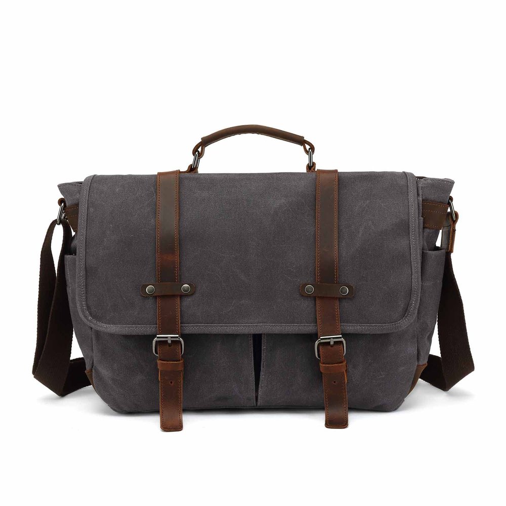 Baolab Waterproof Canvas Camera Bag with Shockproof Padded for DSLR SLR Camera Case Vintage Leather Shoulder Bag Work,Trave (Grey)