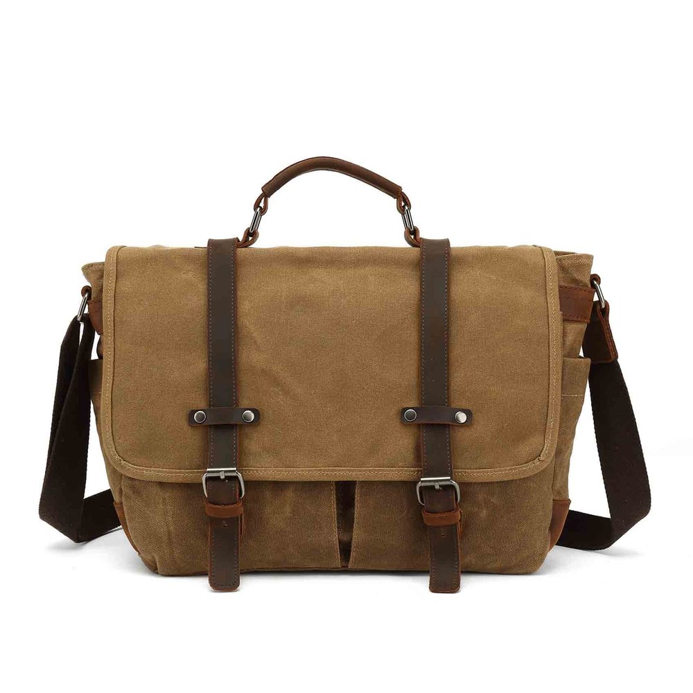 Baolab Waterproof Canvas Camera Bag with Shockproof Padded for DSLR SLR Camera Case Vintage Leather Shoulder Bag Work,Trave (Khaki)