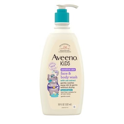 Aveeno Kids Face & Body Wash for Sensitive Skin, Oat Extract, Tear-Free, Non-Drying, Light Scent, Pump Dispenser, Hypoallergenic, Sulfate & Dye Free, 18 fl oz