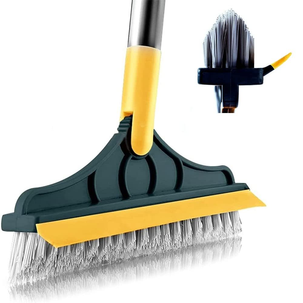 2 in 1 Cleaning Scrub Brush Grout Brush Scrape Floor Scrub Brush with Long Handle V-Shape Stiff Bristle Brush Scrubber with Squeegee 120Rotating Magic Broom Brush for Cleaning Bathroom Glass Wall