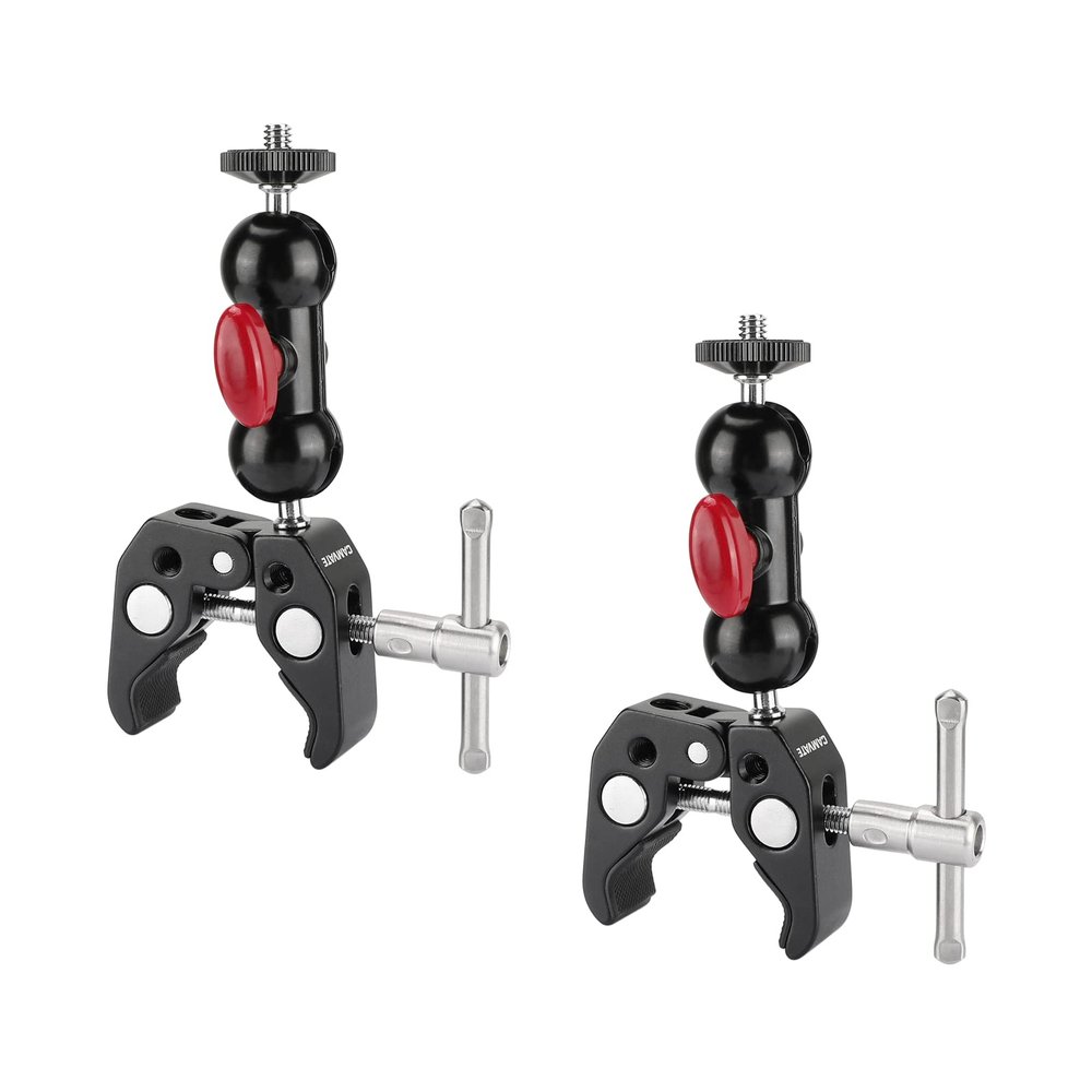 CAMVATE Super Crab Clamp with Rotating Mini Ball Head for Camera LED Flash Light(Red Knob, 2-Pack) - 3122