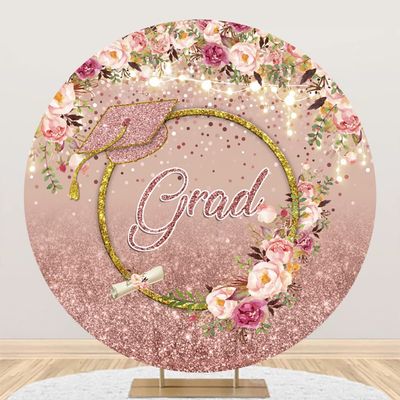 DORCEV Grad Class of 2025 Round Backdrop Cover 7.2x7.2ft Polyester Rose Pink Glittering Rustic Pink Floral Congrats Grad Round Background Graduation Congratulations Prom Party Photo Portrait Props