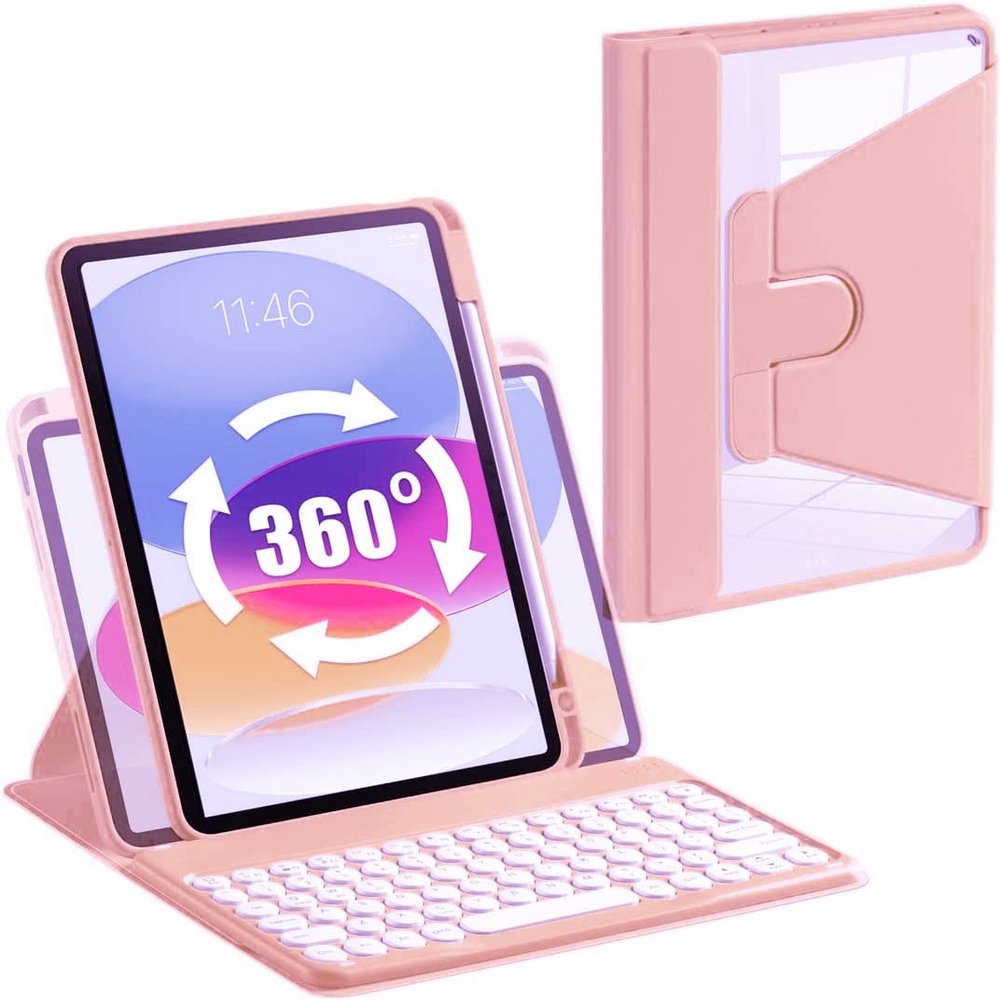 AnMengXinLing Keyboard Case for iPad Air 11 inch 2025(M3)/2024(M2)/Air 5/Air 4/Pro 11, Rotate Case with Detachable Round Keys Keyboard and Clear Cover, Pink