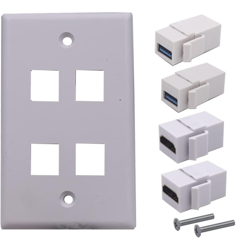 Kework 4 Ports Wall Plate, 2 Ports 4K@60Hz HDMI 2 Ports USB 3.0 Female to Female Module Keystone Outlet Socket Wall Plate