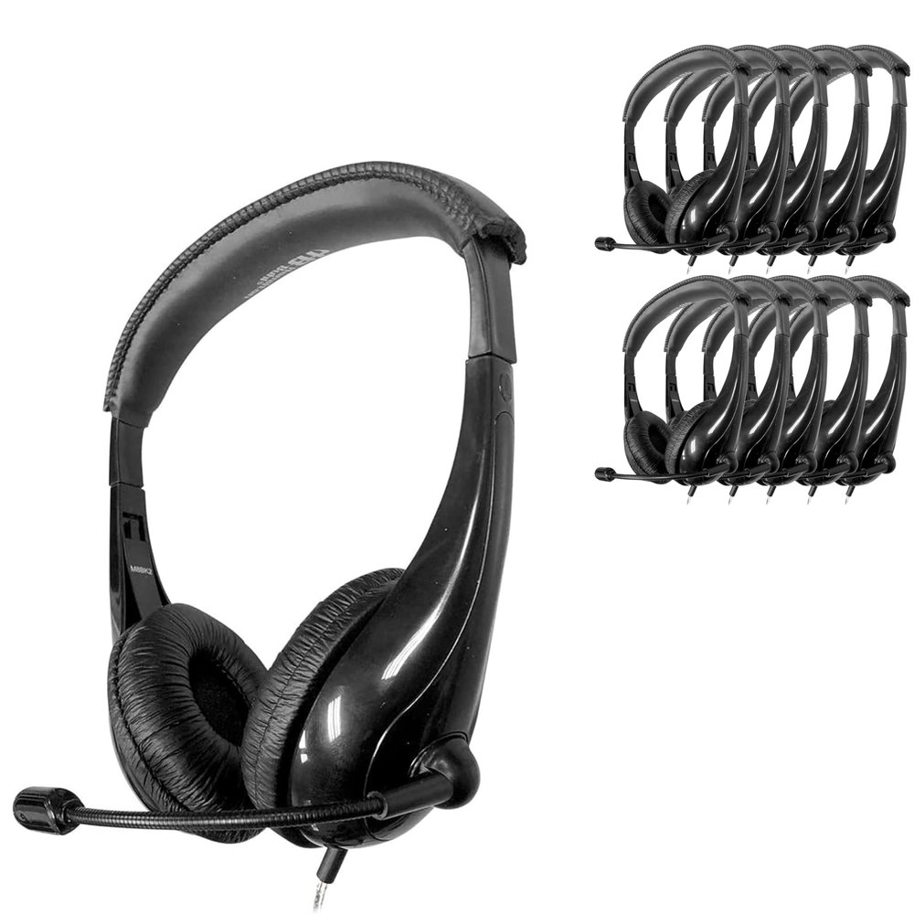 HamiltonBuhl Motiv8 MidSized Multimedia Headset  InLine Volume Control, Steel Gooseneck Microphone, 3.5mm SlimBarrel Plug, Leatherette Cushions, DuraCord  Black Classroom Headset (10 Pack)