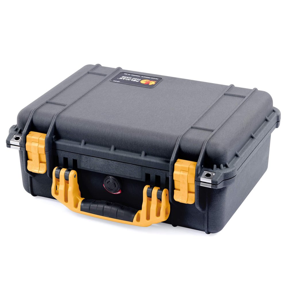 Black Pelican 1450 case with Yellow Handle and latches. Comes with Foam.