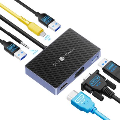 SETMSPACE 7 in 1 Docking Stations, 100W Charging for Laptop, 1 x USB 3.0, 2 x USB 2.0, Dual Display, HDMI for 4K@60Hz, VGA for 1080P@60Hz, 3.5mm Audio, for Dell/HP/Lenovo/Surface/Mac
