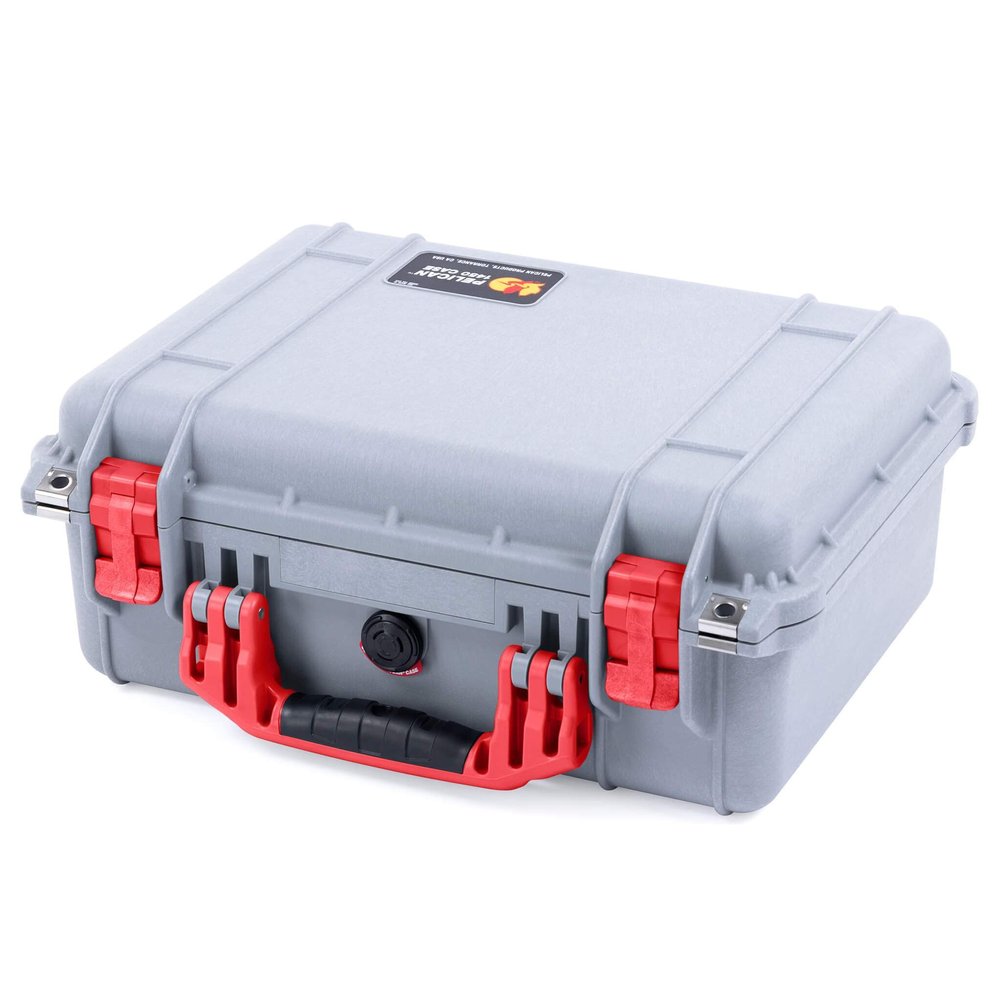 Silver Pelican 1450 case with red handle & latches. With foam.