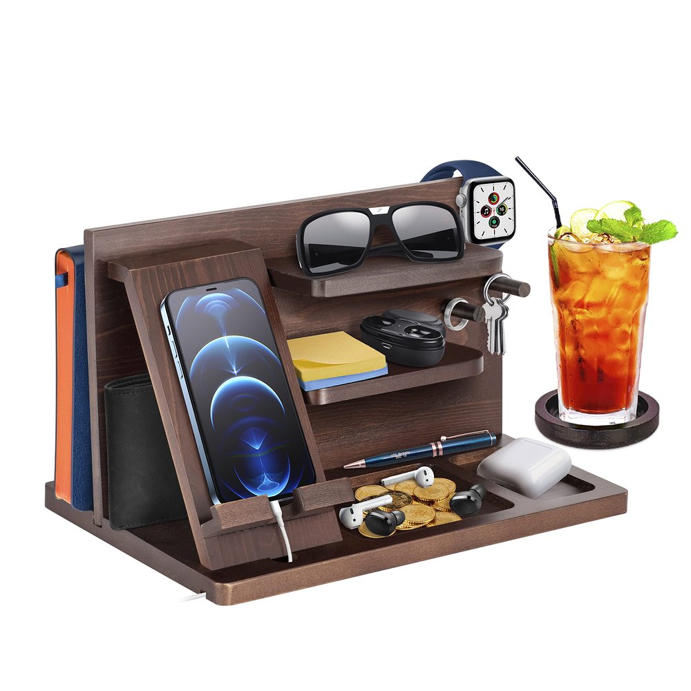 Gifts for Men Bedside Organiser Wood Phone Docking Station Dad Birthday Gifts for Him Nightstand Key Wallet Watch Stand Mens Gifts for Xmas Presents for Dad Husband Boyfriend Anniversary & Christmas