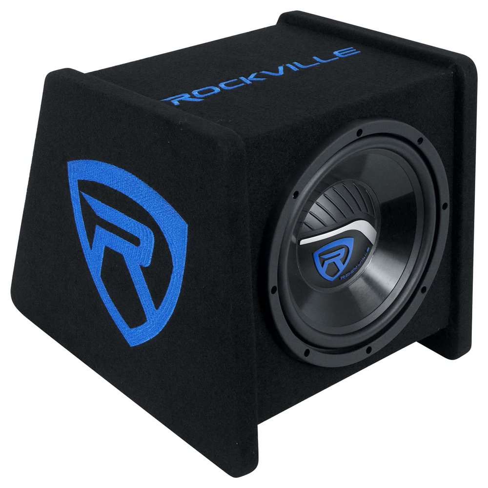 Rockville RV10P 10" 500W Car Audio Subwoofer in Vented Enclosure, 4 Ohm, Angled Design, MDF Cabinet, Deep Bass for Car Audio Systems