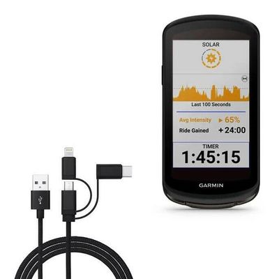 BoxWave Cable Compatible with Garmin Edge 1040 Solar - AllCharge 3-in-1 Cable - Jet Black