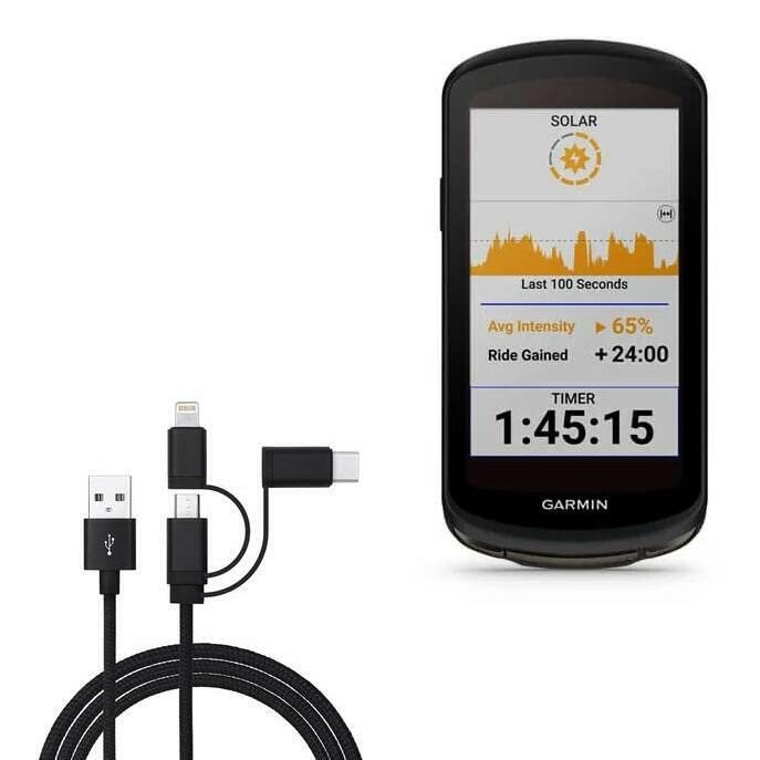 BoxWave Cable Compatible with Garmin Edge 1040 Solar - AllCharge 3-in-1 Cable - Jet Black