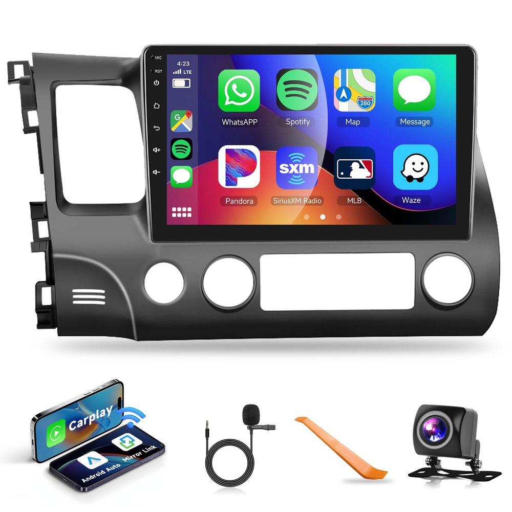 DSP Car Stereo Radio for Honda Civic 2006-2011 with Wireless Carplay Android Auto MirrorLink,Podofo 10.1 inch HD IPS Touch Screen Built-in GPS 26UIs 5.0Bluetooth Car Radio WiFi AHD Backup Camera Mic