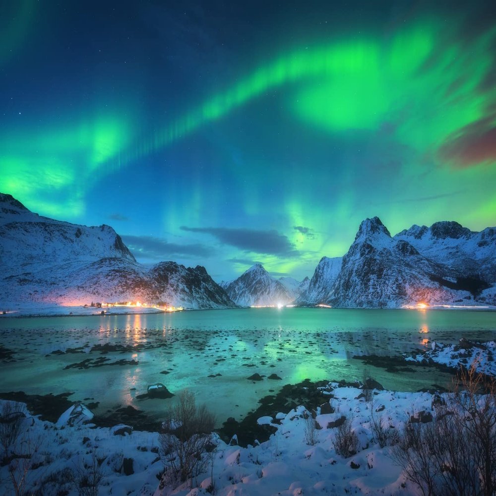 BELECO 7x5ft Fabric Aurora Borealis Backdrop Arctic Snow-Capped Mountains Lake Scenery Northern Lights Norway Winter Landscape Polar Lights Background Wallpaper Home Decor Photo Booth Studio Props