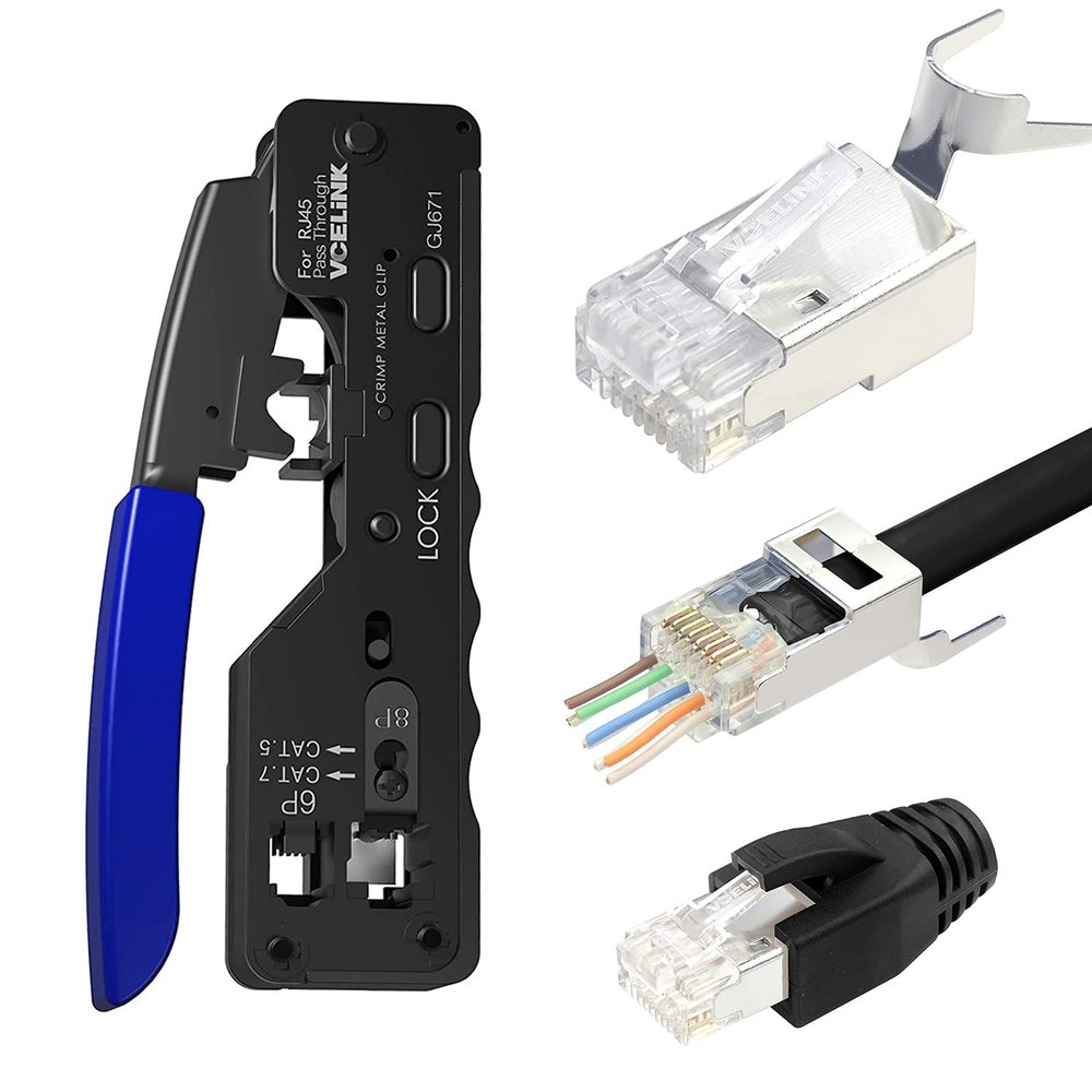 VCELINK Ethernet RJ45 Pass Through Crimping Tool Bundle with 30-Pack Cat7 RJ45 Pass Through Connectors with Strain Relief Boots (Black)