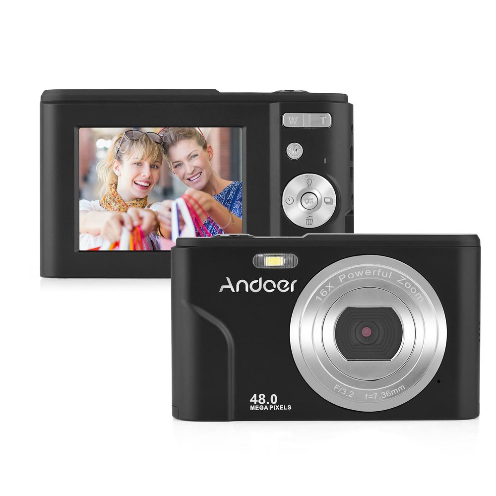 Andoer Portable Digital Camera 48MP 1080P 2.4-inch IPS Screen 16X Zoom Auto Focus Self-Timer 128GB Extended Memory Face Detection Anti-Shaking with 2pcs Batteries Hand Strap Carry Pouch