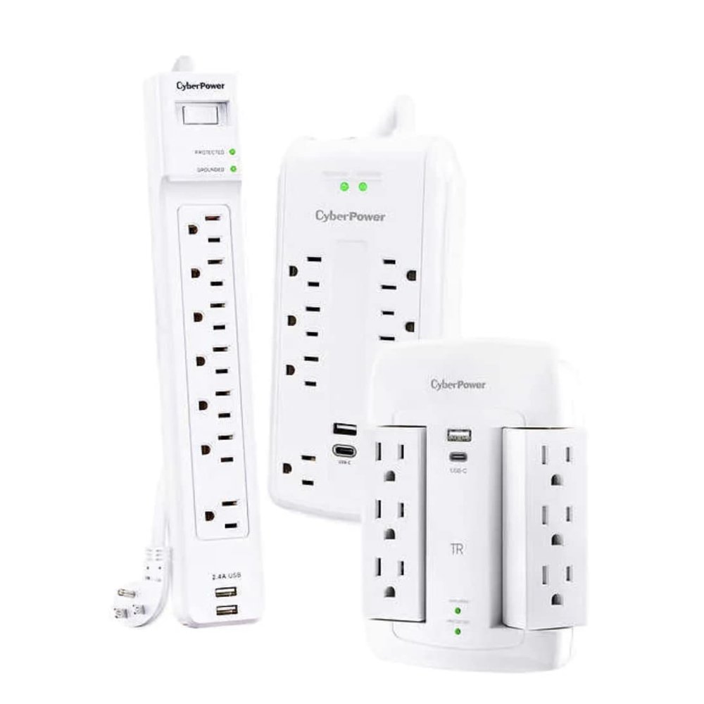 Cyber Power Surge Protector, 3-Pack with Multiple USB Charging Ports.8-Outlet with USB-A and USB-C, one 7-Outlet with USB-A, and one 6-Outlet Wall Tap with USB-A and USB-C.