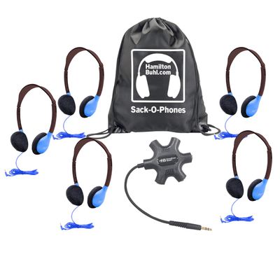 HamiltonBuhl Galaxy Econo-Line of Sack-O-Phones with 5 Blue Personal-Sized Headphones, Starfish Jackbox and Carry Bag