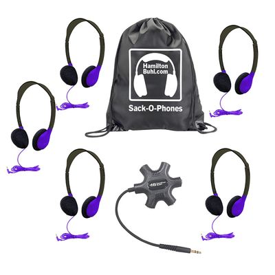 HamiltonBuhl Galaxy Econo-Line of Sack-O-Phones with 5 Purple Personal-Sized Headphones, Starfish Jackbox and Carry Bag
