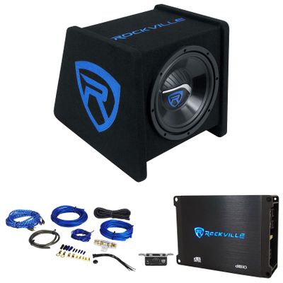 Rockville RV10P Bundle: 10 in 500-Watt Peak/250-Watt RMS 4 Ohm Car Subwoofer in Vented Enclosure, dB10 Mono Car Amplifier, RWK81 8-Gauge Complete Amp Wiring Installation Kit, 3-Items