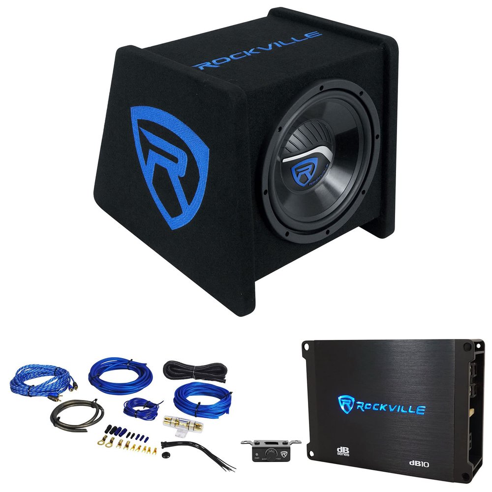Rockville RV10P Bundle: 10 in 500-Watt Peak/250-Watt RMS 4 Ohm Car Subwoofer in Vented Enclosure, dB10 Mono Car Amplifier, RWK81 8-Gauge Complete Amp Wiring Installation Kit, 3-Items