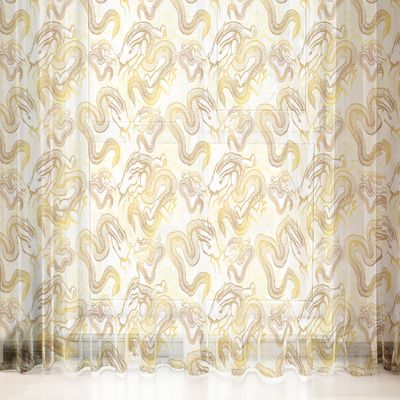 Lunarable Myth Tulle Curtains with Rod Pocket, Ink Hand Drawn Chinese Dragons in Golden Yellow Tone, Sheer Drape for Wedding Party 2 Panels, 108" x 84", Ginger Earth Yellow