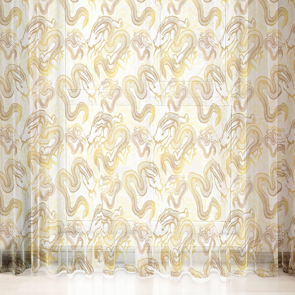 Lunarable Myth Tulle Curtains with Rod Pocket, Ink Hand Drawn Chinese Dragons in Golden Yellow Tone, Sheer Drape for Wedding Party 2 Panels, 108" x 84", Ginger Earth Yellow