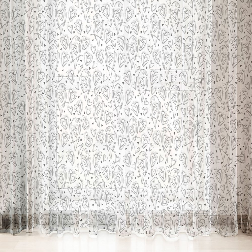 Lunarable Parrots Tulle Curtains with Rod Pocket, Doodle Style Monochrome Cartoon Birds and Hearts Dotted Pattern Love Nature Theme, Sheer Drape for Wedding Party 2 Panels, 108" x 63", Beige Black