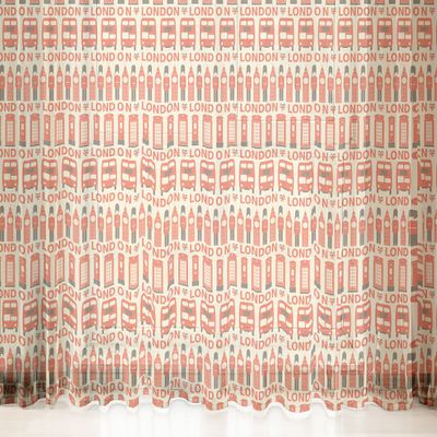 Lunarable London Tulle Curtains with Rod Pocket, Classic British ENGL& Big Ben Bus Capital City Name & Heart Shape Flags Print, Sheer Drape for Wedding Party 2 Panels, 108" x 108", Scarlet & Cream