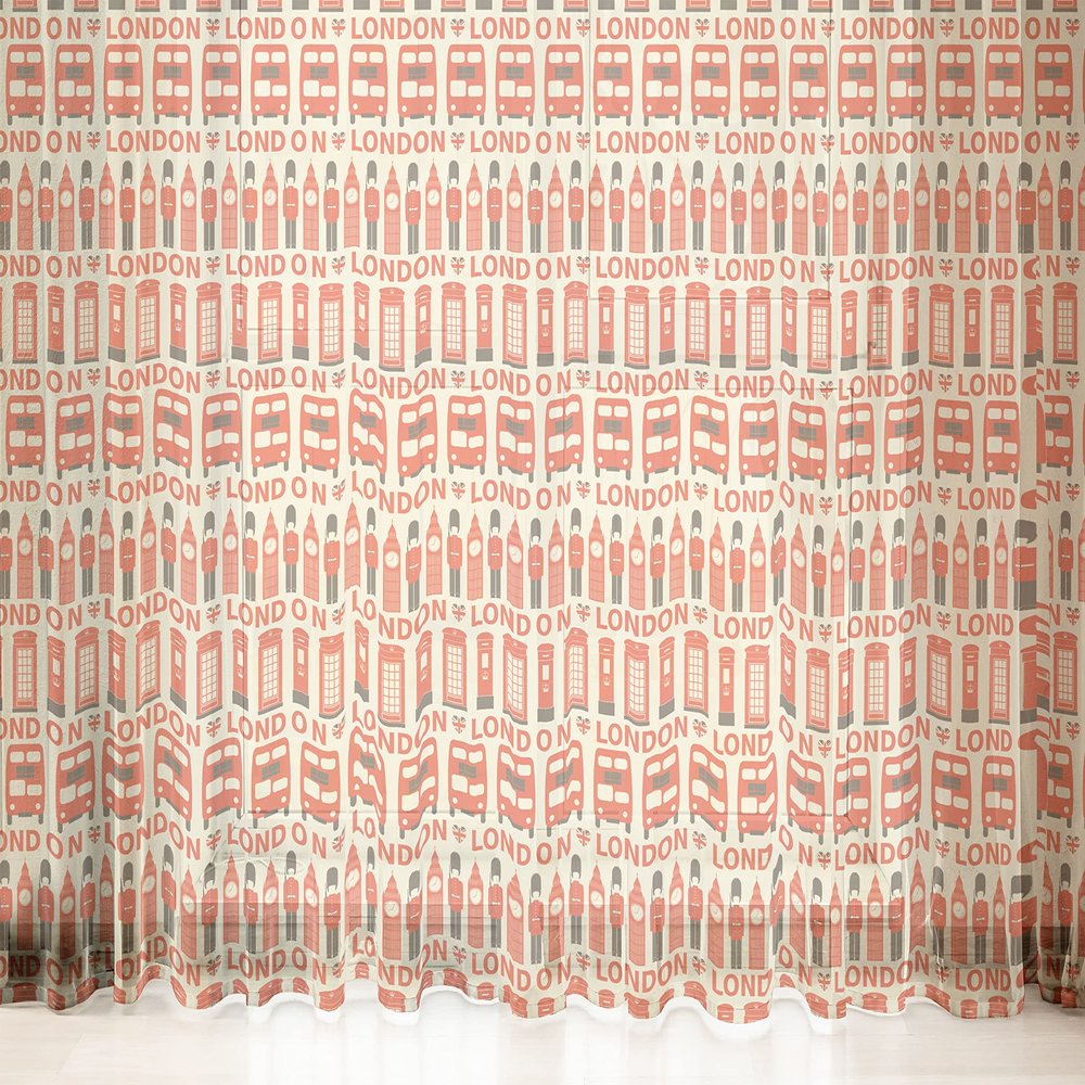Lunarable London Tulle Curtains with Rod Pocket, Classic British ENGL& Big Ben Bus Capital City Name & Heart Shape Flags Print, Sheer Drape for Wedding Party 2 Panels, 108" x 108", Scarlet & Cream