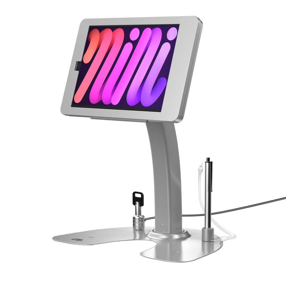 Dual Security POS iPad Kiosk Desk Stand CTA Secure Retail iPad Desk Stand with Steel Cable Lock for iPad mini 6 & iPad mini 7, Restaurant, Retail, Stores & More - Silver (PAD-ASKM6)