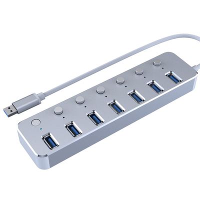 Sxdthy USB Hub, Independent Switch,Aluminum 7-Port USB 3.0 Hub 120cm Cable Sub-Control Switch 5Gbps LED Indicator HUB Chargeable Splitter (Color : Silver)