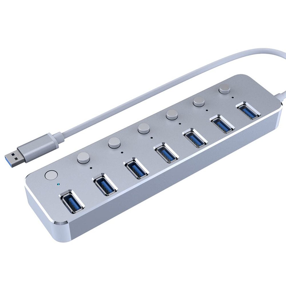 Sxdthy USB Hub, Independent Switch,Aluminum 7-Port USB 3.0 Hub 120cm Cable Sub-Control Switch 5Gbps LED Indicator HUB Chargeable Splitter (Color : Silver)