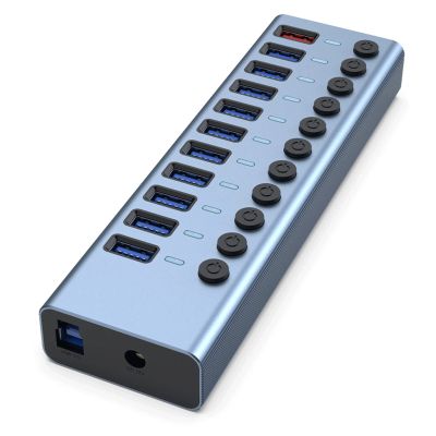 Feilx Ultra-Slim Data USB Hub, Aluminum Alloy 11-Port USB3.0 Splitter 10 Port Computer Extended USB HUB 1 Port Fast Charging External 12V4A Power Supply
