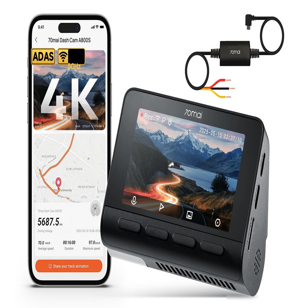 A800S+UP02 Hardwire Kit 70mai 4K Dash Cam A800S, Front and Rear, Super Night Vision with Sony IMX415, 3'' IPS LCD, Built in GPS, 70mai Hardwire Kit, Parking Mode, ADAS, Loop Recording