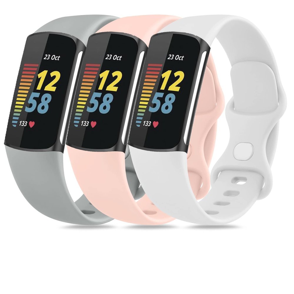 BNBIDEN [3 Pack] Sport Bands Compatible with Fitbit Charge 5 Bands Women Men, Adjustable Soft Silicone Charge 5 Wristband Strap for Fitbit Charge 5 (Gray+Light Pink+White, Large(7.1-9.1inch)