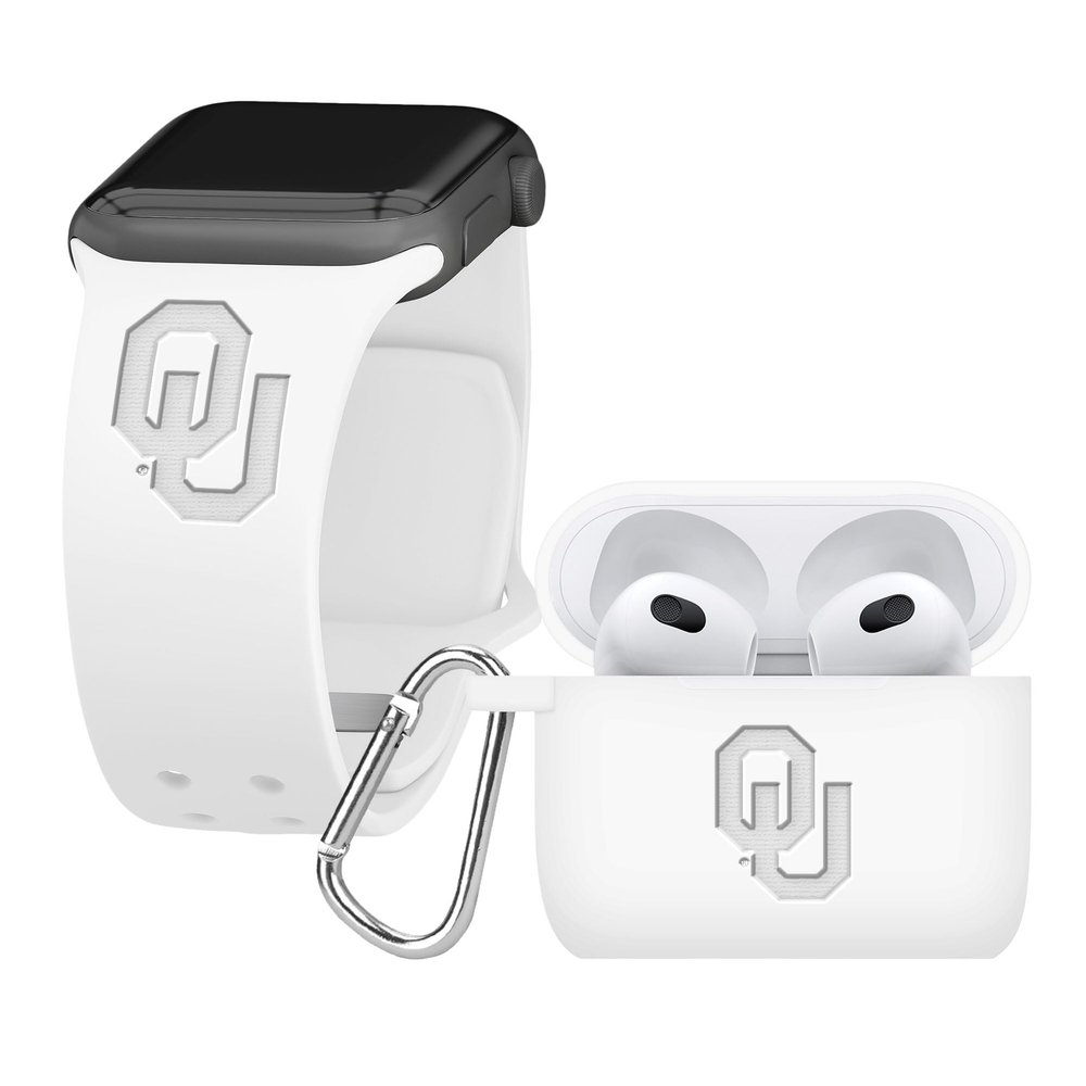 AFFINITY BANDS Oklahoma Sooners Engraved Silicone Combo Package Compatible with Apple Watch and AirPods Gen 3 (38/40/41mm (42mm Series 11) White)