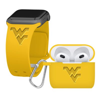 AFFINITY BANDS West Virginia Mountaineers Engraved Silicone Combo Package Compatible with Apple Watch and AirPods Gen 3 (42/44/45/49mm (46mm Series 11) Yellow)