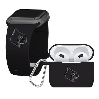 AFFINITY BANDS Louisville Cardinals Engraved Silicone Combo Package Compatible with Apple Watch and AirPods Gen 3 (42/44/45/49mm (46mm Series 11) Black)