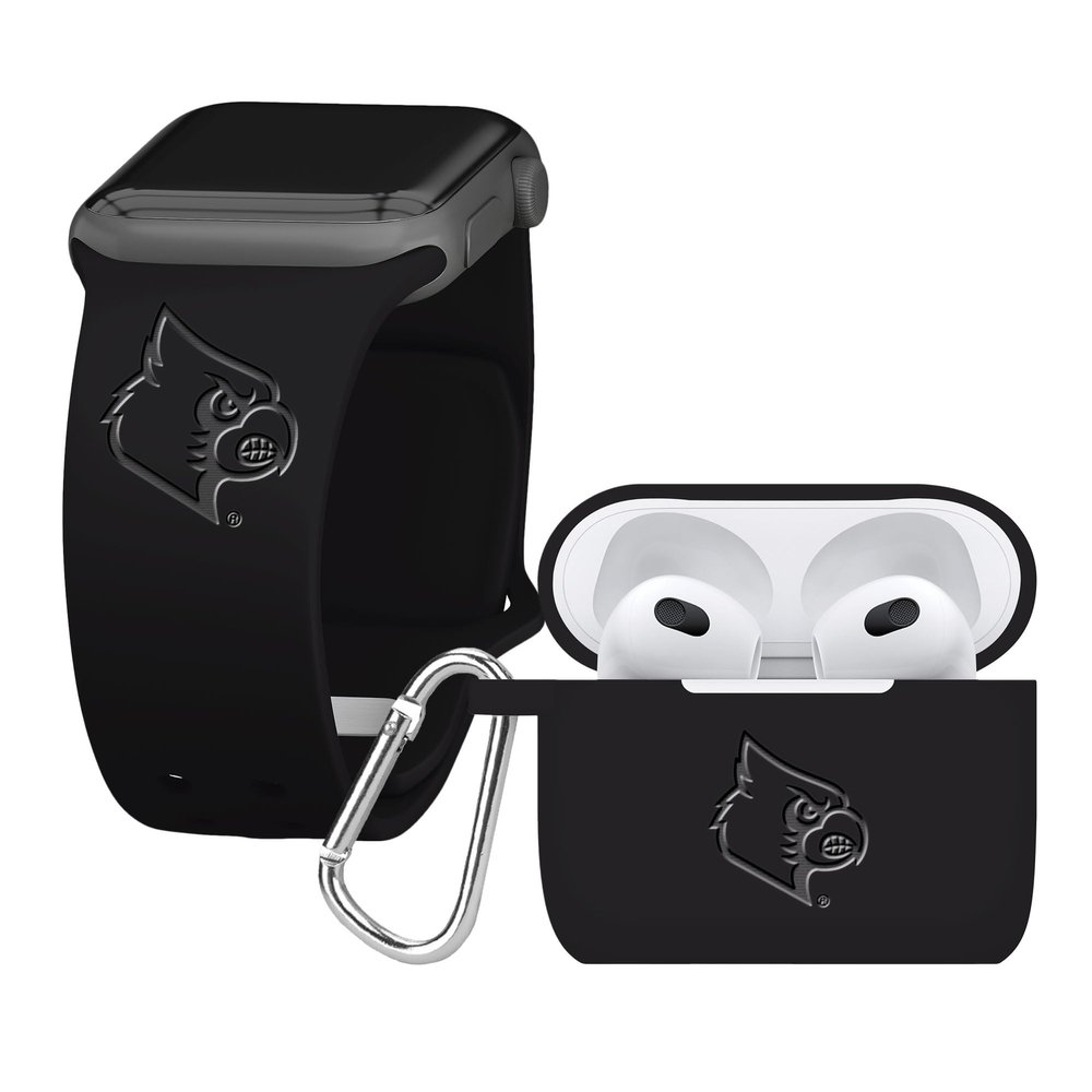 AFFINITY BANDS Louisville Cardinals Engraved Silicone Combo Package Compatible with Apple Watch and AirPods Gen 3 (42/44/45/49mm (46mm Series 11) Black)