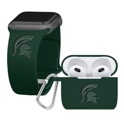 Affinity Bands Michigan State Spartans Engraved Silicone Combo Package Compatible with Apple Watch and AirPods Gen 3 (38/40/41mm (42mm Series 11) Green)