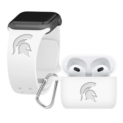 Affinity Bands Michigan State Spartans Engraved Silicone Combo Package Compatible with Apple Watch and AirPods Gen 3 (42/44/45/49mm (46mm Series 11) White)