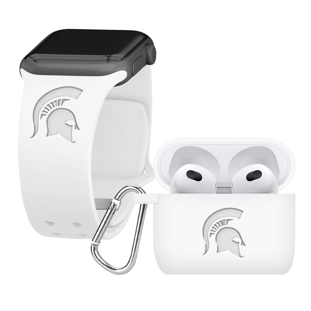Affinity Bands Michigan State Spartans Engraved Silicone Combo Package Compatible with Apple Watch and AirPods Gen 3 (42/44/45/49mm (46mm Series 11) White)