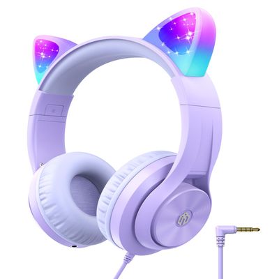 iClever Kids Headphones with Cat Ear Led Light Up, Safe Volume Limite Wired Headphones with FunShare Foldable Over-Ear Headphones for Kids/School/iPad/Tablet/Travel, Meow Donut-Purple