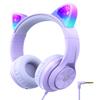 iClever Kids Headphones with Cat Ear Led Light Up, Safe Volume Limite Wired Headphones with FunShare Foldable Over-Ear Headphones for Kids/School/iPad/Tablet/Travel, Meow Donut-Purple view 1