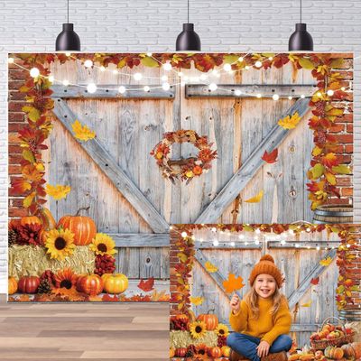 Dudaacvt 7x5FT Fall Thanksgiving Backdrop Autumn Pumpkin Harvest Barn Door Photography Backdrop Maple Leaves Haystack Thanksgiving Party Decorations Backdrop