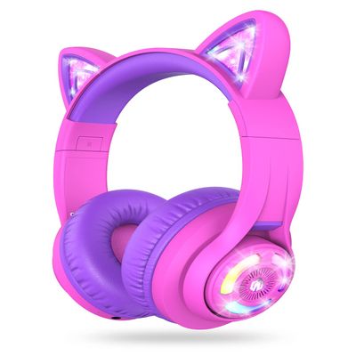 iClever Cat Ear Kids Bluetooth Headphones, LED Lights Up, 74/85dBA Safe Volume Limited, 50H Playtime,Bluetooth 5.2, USB C, Kids Headphones Wireless for Travel iPad Tablet, Meow Macaron Hot Pink
