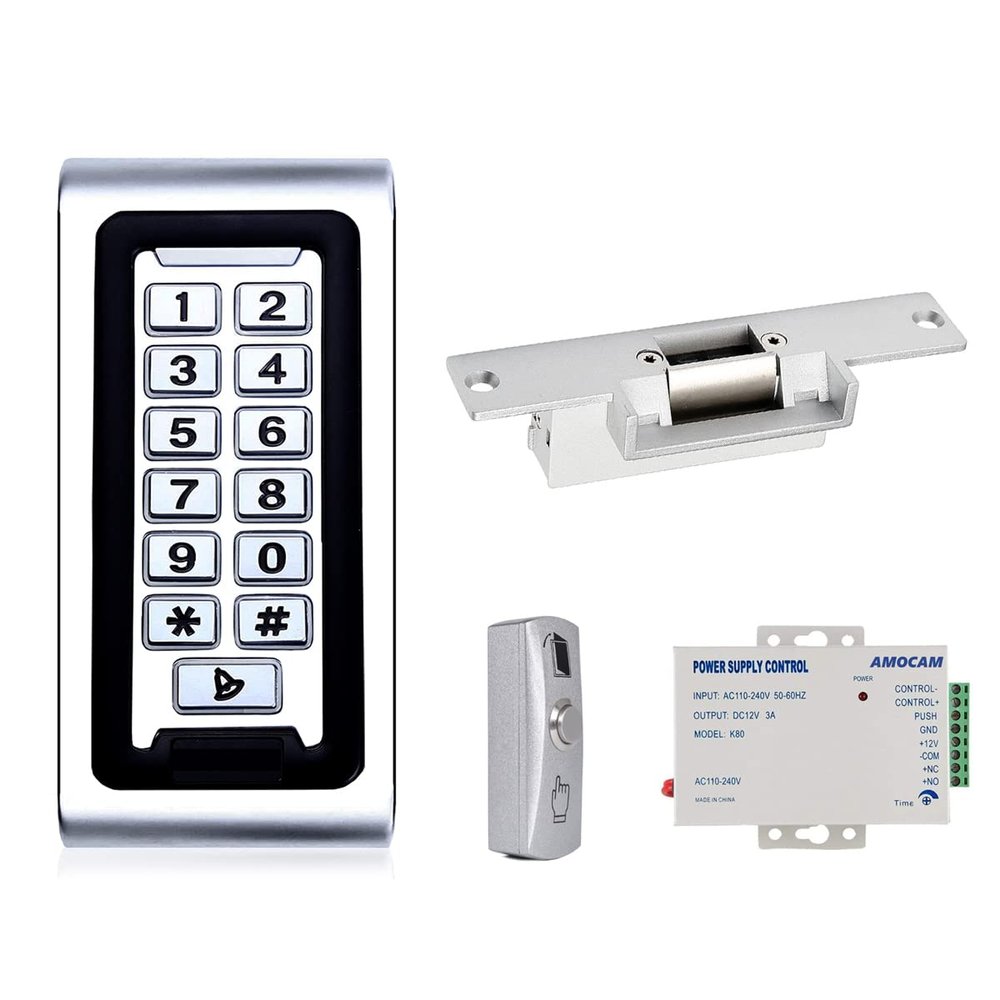 AMOCAM Door Access Control System, Zinc Alloy Password Keypad + Electric Lock + Power Supply Control + Door Exit Button Suitable for Apartment, Office, Access Control