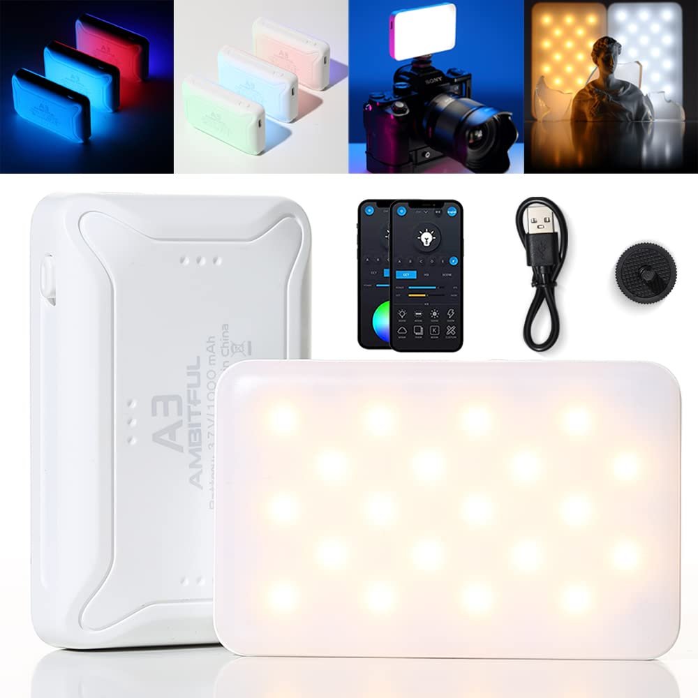 AMBITFUL A3 Color RGB Video Light, Portable LED Light,Camera Light, App Control, Rechargeable Led Video with CRI 95+ 2800-6800k for Camera